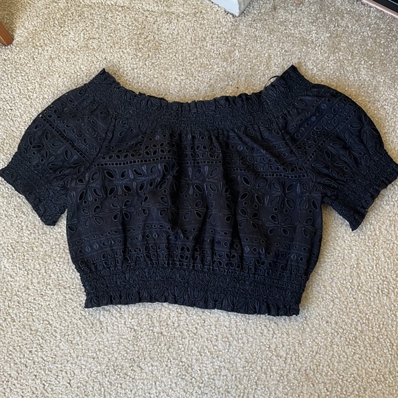 Women’s J. Crew Black Eyelet Lace Outfit Skirt Off the Shoulder Top Set Size XS - Picture 4 of 16